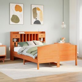 Bookcase Bed Wax Brown 150x200cm King Size Solid Wood Pine