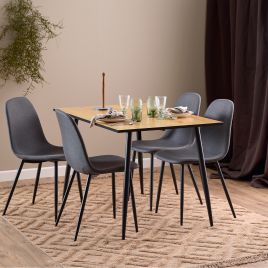 VAMI Dining Table with Oak Top and Black Legs Included 4 Dining Chair in Light Grey
