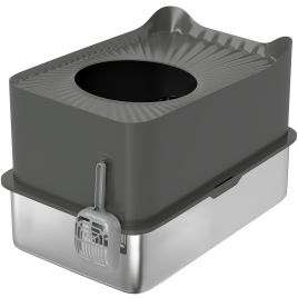 PAWSTER Stainless Steel Cat Litter Tray Extra Large Enclosed Litter Box Dark Grey