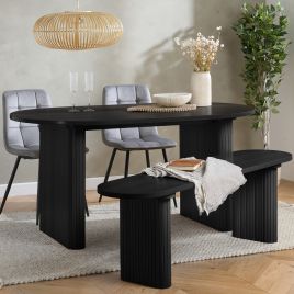 AUREN Fluted Oval Dining Table with 2 Chairs and Bench - Black