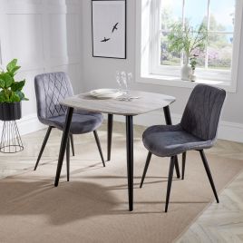 NEXO Square Dining Table with 2 Diamond Stitch Fabric Chairs - Grey Oak with Grey