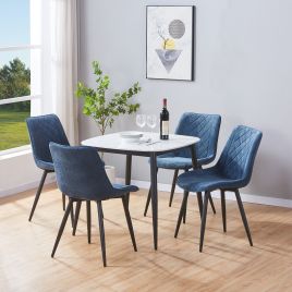 NEXO Sintered Stone Square Dining Table with 4 Cord Diamond Stitch Fabric Chairs - Gloss White with Blue
