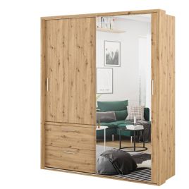 IRVINE 2 Door Mirrored Sliding Wardrobe with 2 Drawers Medium Oak - 0cm
