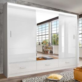 WARRINGTON 3 Door Mirrored Sliding Wardrobe with 3 Drawers White Black Grey - 256cm