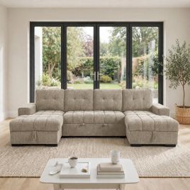 DONATELLO Fabric 4 Seater U Shaped Corner Sofa Bed - Beige