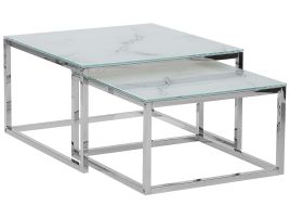 Nest of 2 Tables Marble Effect White with Silver BREA