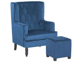 Velvet Armchair with Footstool Blue SANDSET