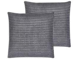 Set of 2 Velvet Cushions Geometric Pattern 45x45cm Grey