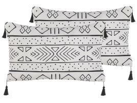 Set of 2 Velvet Cushions Geometric Pattern 30x50cm White and Black