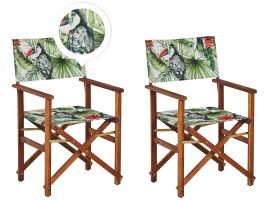 Set of 2 Acacia Folding Chairs and 2 Replacement Fabrics Dark Wood with Grey / Toucan Pattern CINE