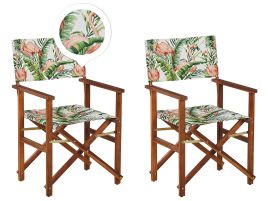 Set of 2 Acacia Folding Chairs and 2 Replacement Fabrics Dark Wood with Grey / Flamingo Pattern CINE