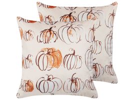 Set of 2 Velvet Cushion Pumpkin Pattern 45x45cm Beige