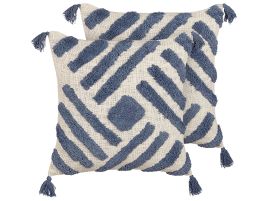 Set of 2 Tufted Cotton Cushions with Tassels 45x45cm Beige and Blue