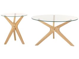Set of 2 Glass Top Coffee Tables Light Wood VALLEY