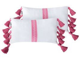 Set of 2 Cotton Cushions with Tassels 30x50cm White and Pink