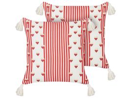 Set of 2 Cotton Cushions Hearts Motif 45x45cm White and Red