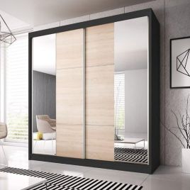 MALTA 2 Door Mirrored Sliding Wardrobe Black Matt and Oak - 233cm