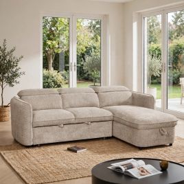 ELVAREN Fabric 3 Seater L Shaped Corner Sofa Bed - Beige, Universal Facing