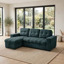 DONATELLO Fabric 3 Seater L Shaped Corner Sofa Bed - Blue, Reversible Facing