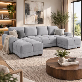 Corner Sofa - SUSAN Plush Velvet U Shape Corner Sofa Grey 330cm