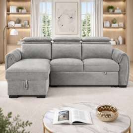 SELWICK Fabric 3 Seater L Shaped Sofa Bed - Reversible Facing - Grey