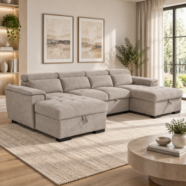 GRACELLO Fabric 6 Seater U Shaped Corner Sofa Bed - Beige