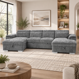 GRACELLO Fabric 6 Seater U Shaped Corner Sofa Bed - Grey