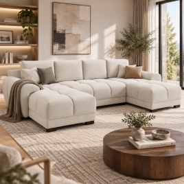 Corner Sofa - SUSAN Plush Velvet U Shape Corner Sofa Cream 330cm