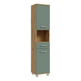 VERDON Tall Narrow Bathroom Storage Cabinet with 2 Doors and 1 Drawer - Artisan Oak with Sage Green