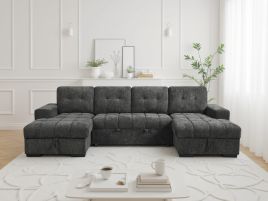 DONATELLO Fabric 4 Seater U Shaped Corner Sofa Bed - Beige