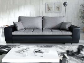 RANSFORD Leather and Fabric 3 Seater Sofa Bed - Grey with Black
