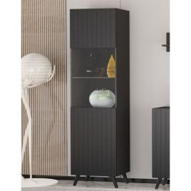 Alan Vertical Grooved Lines Tall Display Cabinet with 1 Glass Door - Matte Black