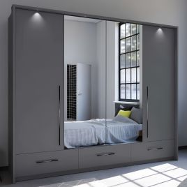 LINDSEY 4 Door Mirrored Wardrobe with 3 Drawers Graphite - 255cm