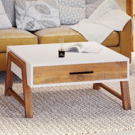Becky Scandic Theme Reclaimed Wood Square Coffee Table with Drawer Both Sides