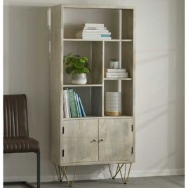 Georgjna Abstract Style Gold Frame 2 Door Large Bookcase - Light Natural Finish