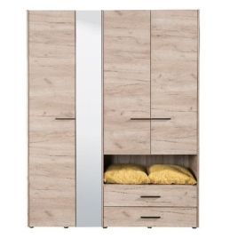 HIGHAM 4 Door Mirrored Wardrobe with 2 Drawers Grey Oak - 161cm