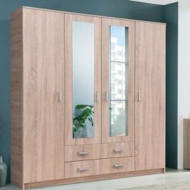 CAROL 4 Door Mirrored Wardrobe with 2 Drawers Sonoma Oak - 160cm