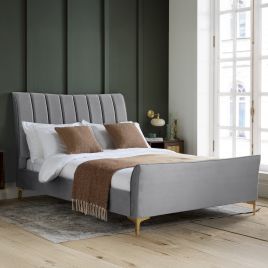 Clover Modern Design Grey Velvet Gold Feets Bed - Small Double 4ft