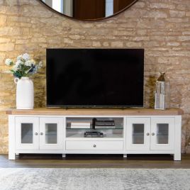 Chunky Oak Extra Large TV Unit with Glass Shelving - White