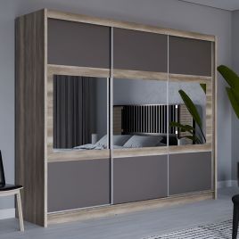 WINDSOR 3 Door Mirrored Sliding Wardrobe with 2 Drawers Oak and Grey - 250cm