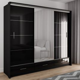WARRINGTON 3 Door Mirrored Sliding Wardrobe with 3 Drawers Black - 255cm