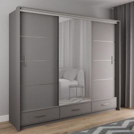 WARRINGTON 3 Door Mirrored Sliding Wardrobe with 3 Drawers Graphite - 255cm