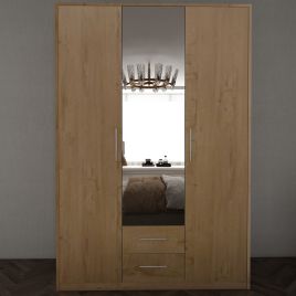 WINSTEAD 3 Door Mirrored Wardrobe with 2 Drawers Oak - 120cm