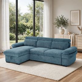 CAVENTO Fabric 3 Seater L Shaped Corner Sofa Bed - Blue, Universal Facing