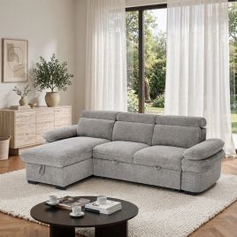 CAVENTO Fabric 3 Seater L Shaped Corner Sofa Bed - Grey, Universal Facing