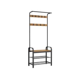 VASAGLE Coat Rack, Coat Stand with Shoe Storage Bench, 4-in-1 Design, with 9 Removable Hooks, a Clothes Rail, for Hallway, Entrance, 33.7 x 77 x 183 cm, Industrial, Rustic Walnut and Black HSR040B41
