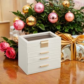 Jewelry Box - VERRIA 4 Tier Organizer with Glass Lid and 3 Drawer - White