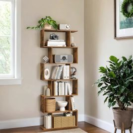 Bookshelf - VERRA 6 Tier Bookcase Room Divider - Brown