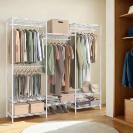Portable Wardrobe - VERRA Portable Open Metal Clothes Rack with Adjustable Shelves and Hanging Rail - White