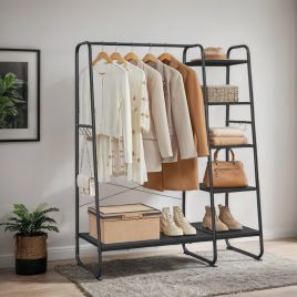 Garment Rack - ZARNIA Shoe Shelf 5 Tier Storage 6 Side Hook - Ebony Black